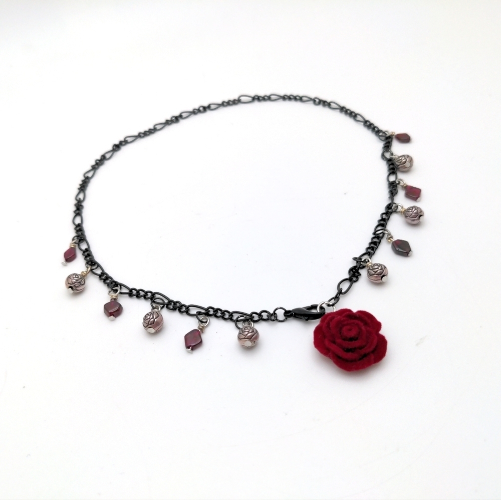 381MIDALANE Black Chain Choker with Garnet and Rose Accents - Picture 2 of 16